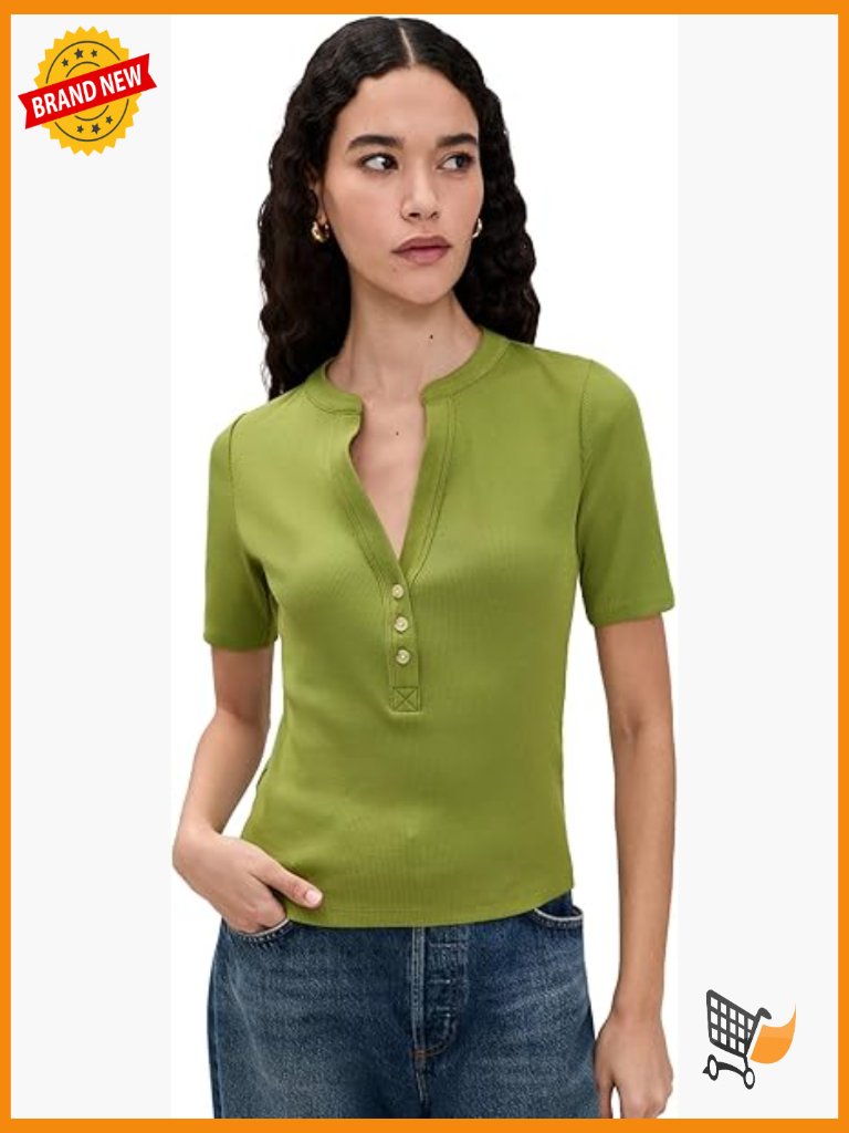 Women's Ribbed Knit Split Neck T-Shirt With V-Neck